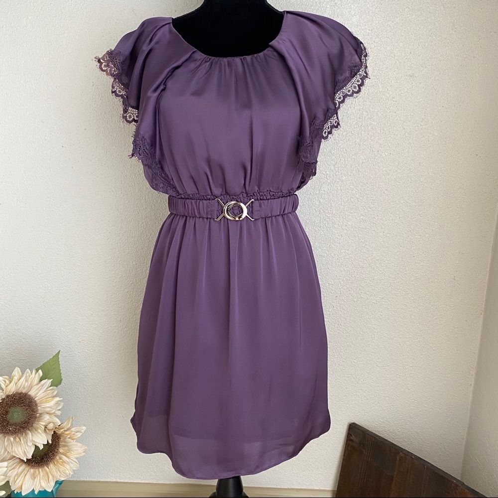 Purple Ruffle Sleeve Dress - Belted - Scoop Neck